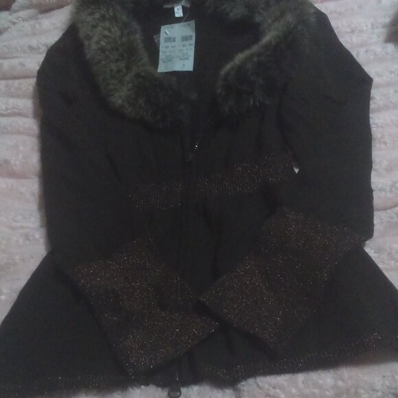 Cache Brown/Bronze zippered sweater w/real fur trim removable collar Med NWT - Picture 5 of 9